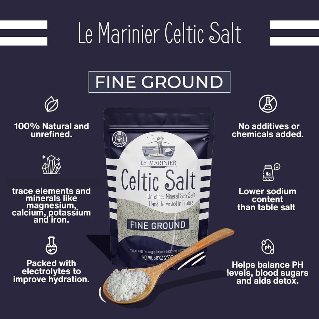 Le Marinier French Sea Salt Fine Ground Sea Salt, 1.1lb - 18oz, Pack of 2. Mineral Rich Unrefined French Sea Salt 100% Natural,