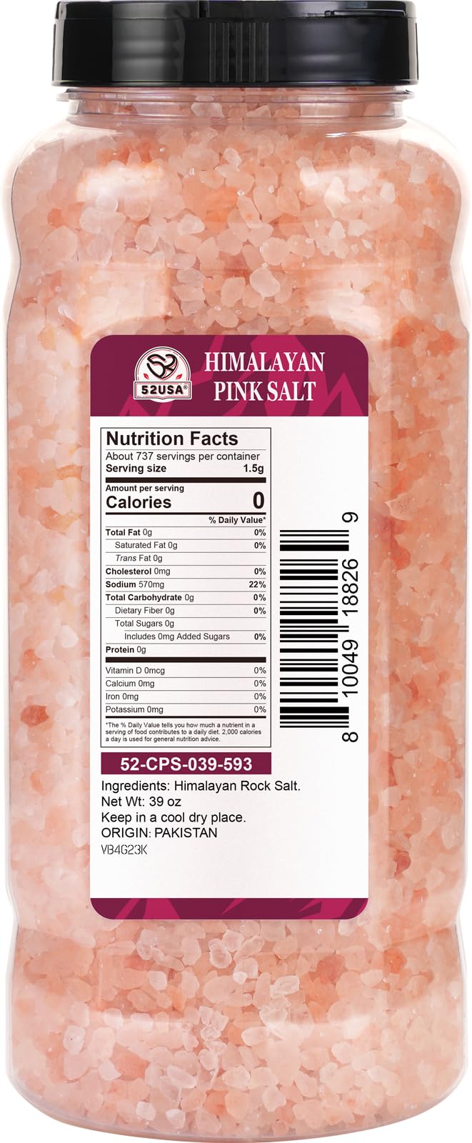 52USA Himalayan Pink Salt, Coarse Grain, Kosher, 39 oz (2.4 LB) Sea Salt for Grinder Refill