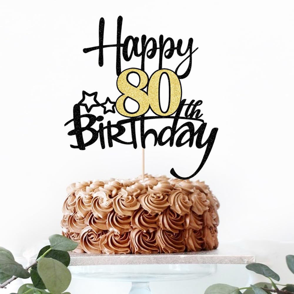 Kaoenla Black Gold Glitter Happy 80Th Birthday Cake Topper - Hello 80/Cheers 80,Happy Fourteen Birthday Anniversary,80 Years Old