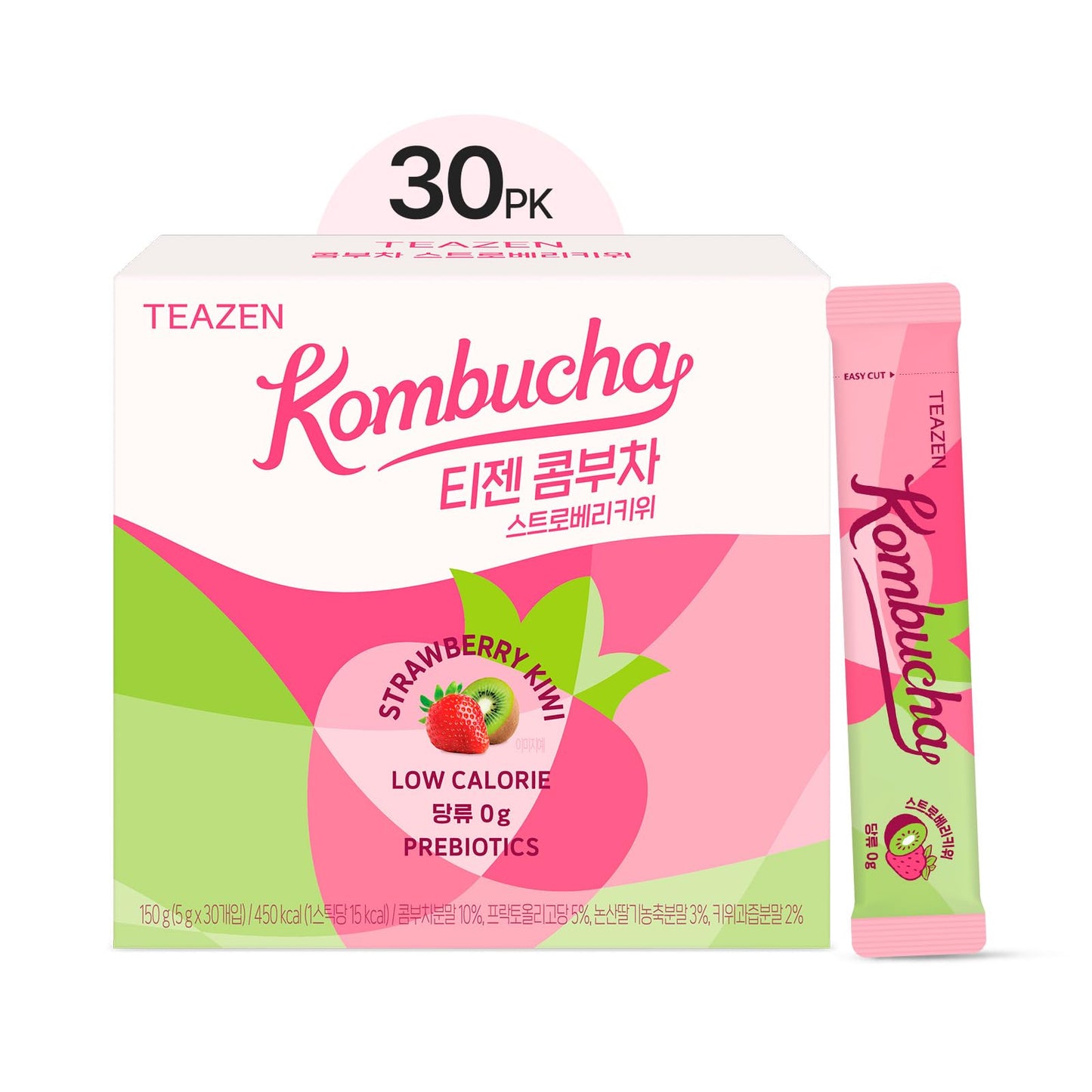 TEAZEN Strawberry Kiwi Kombucha Tea, Hydration Drink Mix, Sugar Free, Live Probiotics & Prebiotics, 30 Sticks, 5.29oz