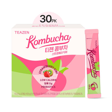 TEAZEN Strawberry Kiwi Kombucha Tea, Hydration Drink Mix, Sugar Free, Live Probiotics & Prebiotics, 30 Sticks, 5.29oz