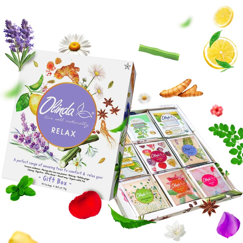 Olinda Relax Tea Gift Box 100% Organic Tea Bags Low Energy Blend Throat Digestive White Tea Samplers Natural Herbal Gift Set Top-Grade 9 Vareity Individually Wrapped 45 Tea Bags 1 Tea Box Tea Gifts For Women