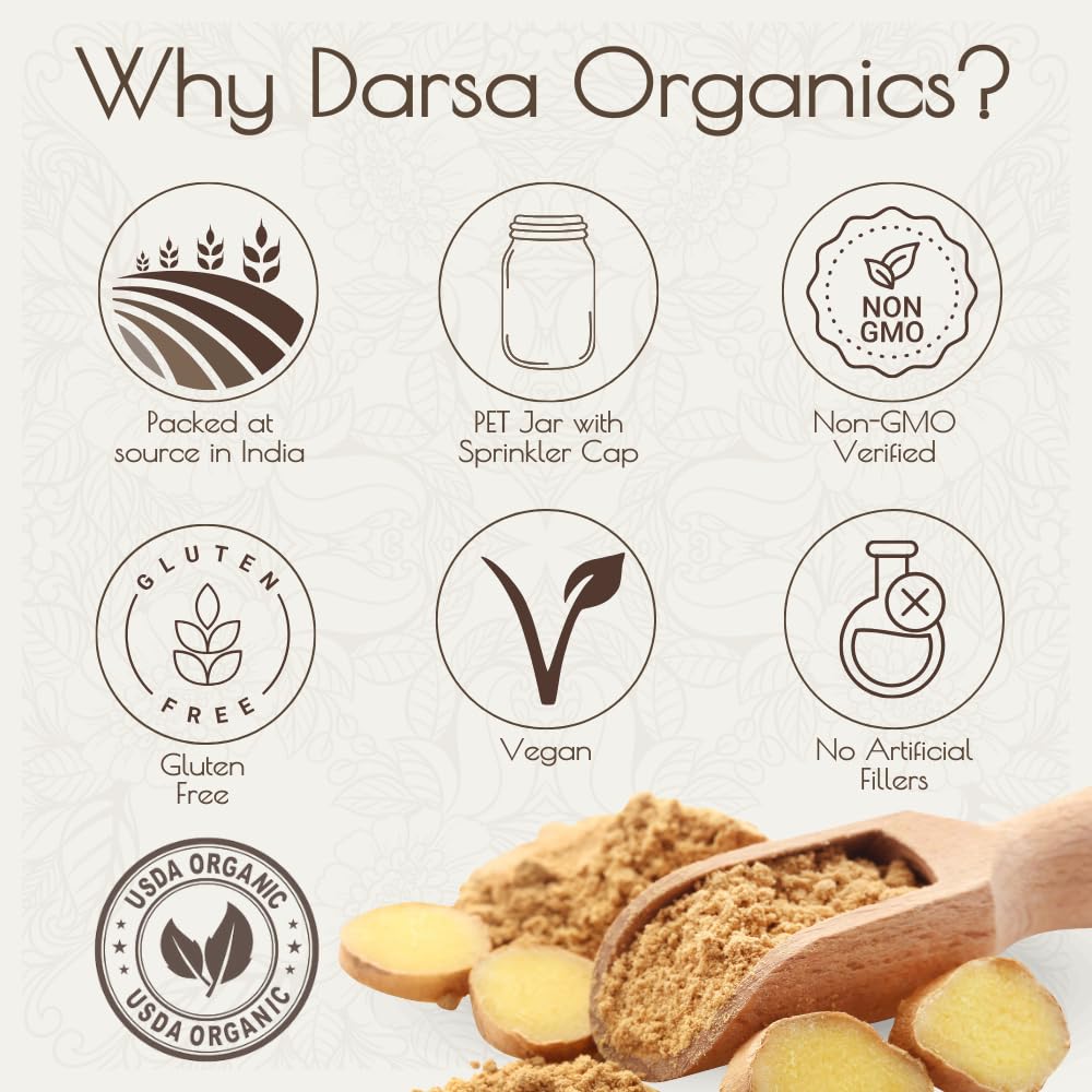 Darsa Organics Ginger Powder - 3.5 Oz, Ground Ginger Root Powder From India Aromatic & Flavorful For Tea, Curries, Juices, Seaso