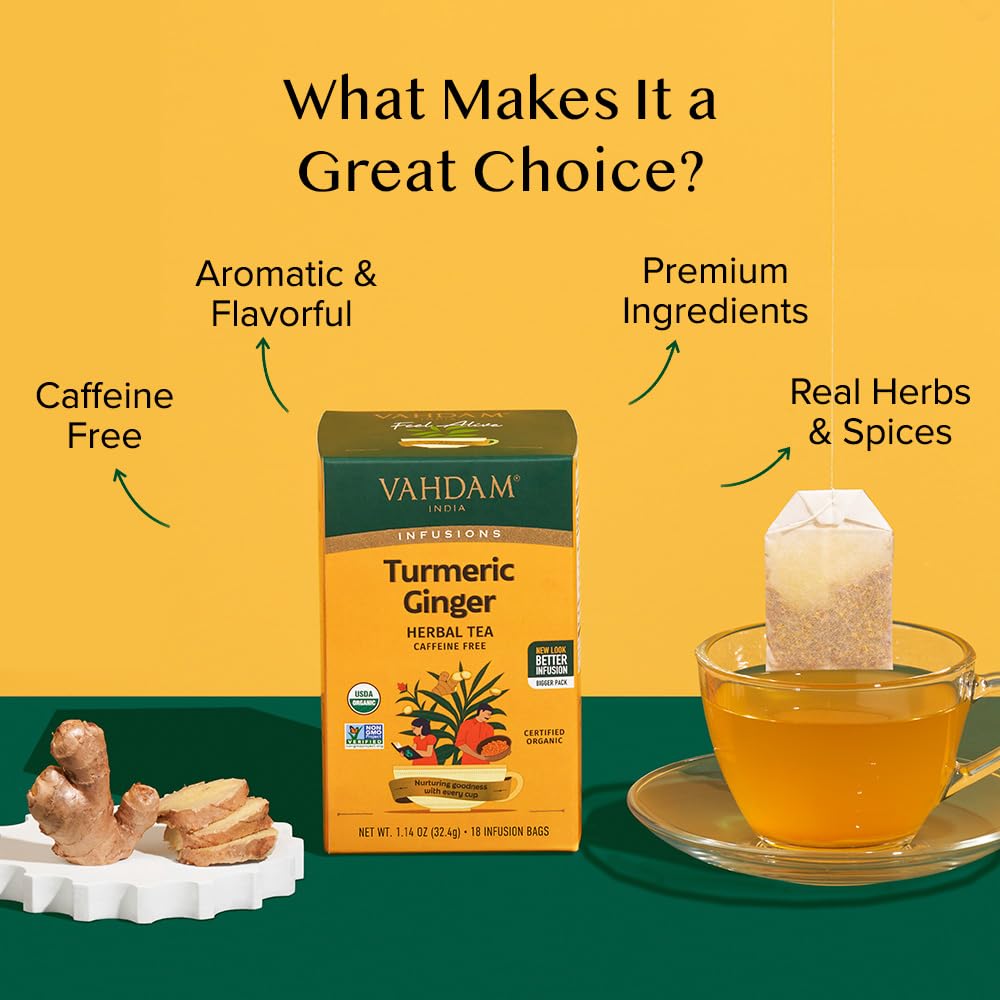 VAHDAM Organic Turmeric Ginger Herbal Tea Bags - Caffeine Free, Gluten Free, 18 Count, Eco-Friendly Individually Wrapped
