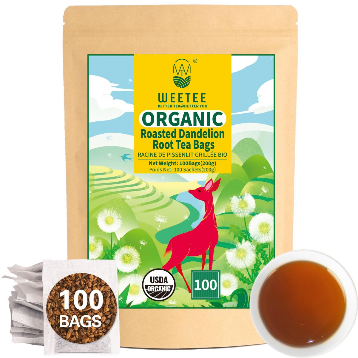 Wt Weetee Organic Roasted Dandelion Root Tea Bags  Dandelion Herbal Tea 100 Count  Energy Blend Free  Support Healthy  Vitamins Rich