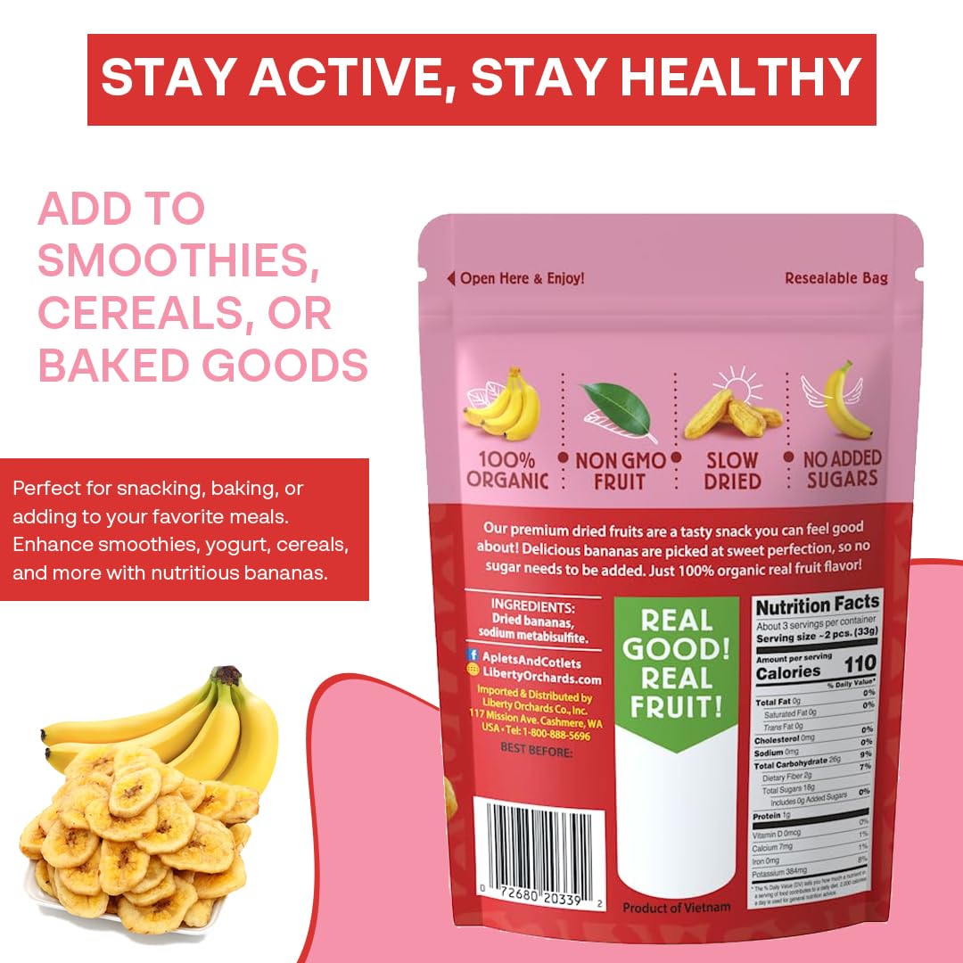Liberty Orchard Organic Whole Dried Banana - Naturally Sweetened Dried Fruit Snack For Healthy Digestion & Busy Lifestyles - Del