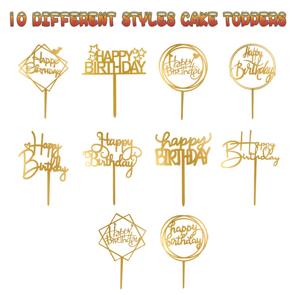 10-Pack Happy Birthday Cake Toppers,Gold Cake Toppers Acrylic Birthday Cake Supplies,4Inchx6Inch (Gold)