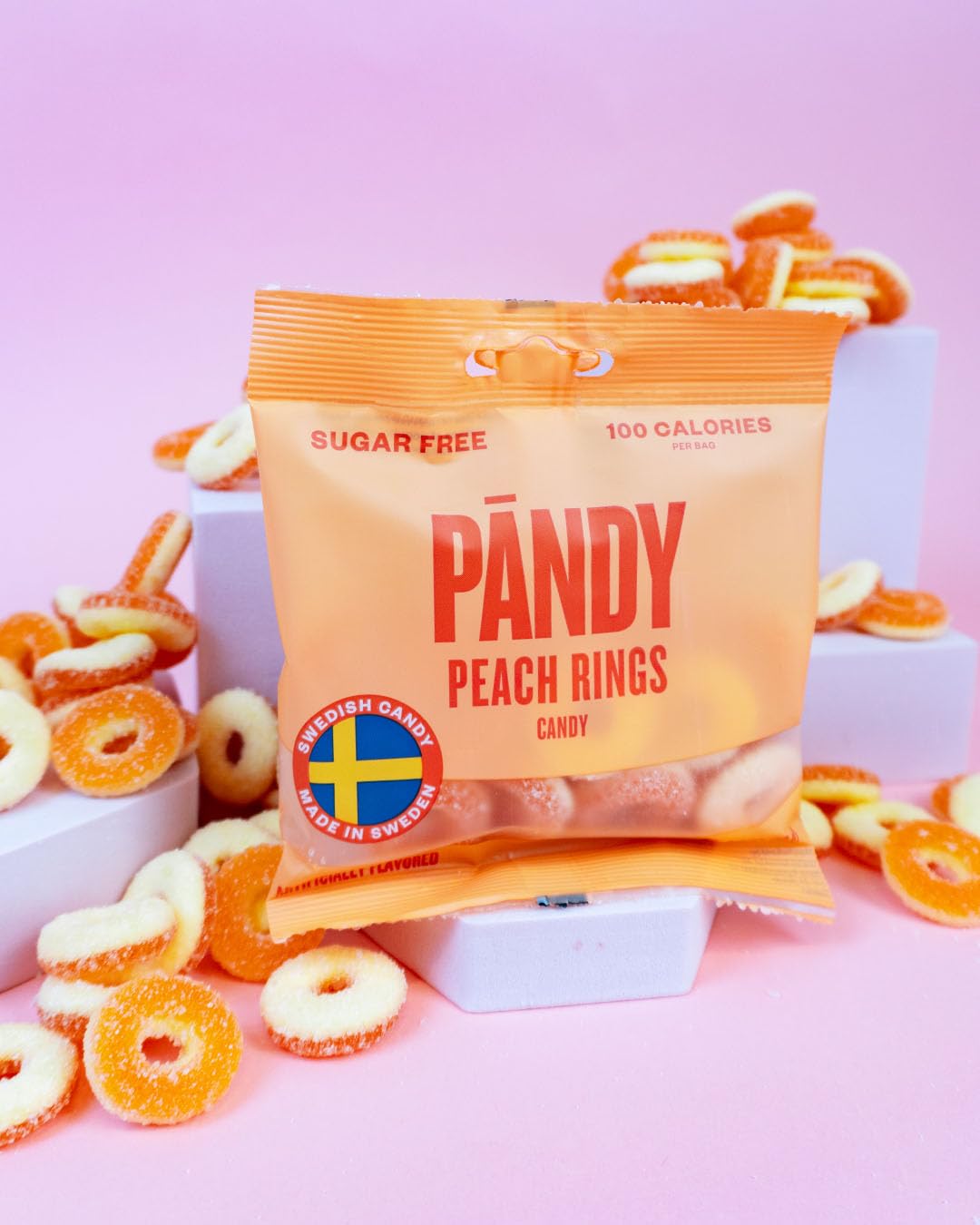Pandy, Swedish Sugar Free Candy, Peach Rings (1.8 Ounce Bags, Pack Of 4) - Diet Candy, Healthy, Keto Gummy, Low Calorie Sweets