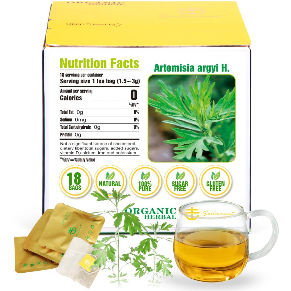 Soilmount Chinese Mugwort Tea - 100% Natural Loose Leaf - Caffeine-Free - 18 Bleach-Free Tea Bags