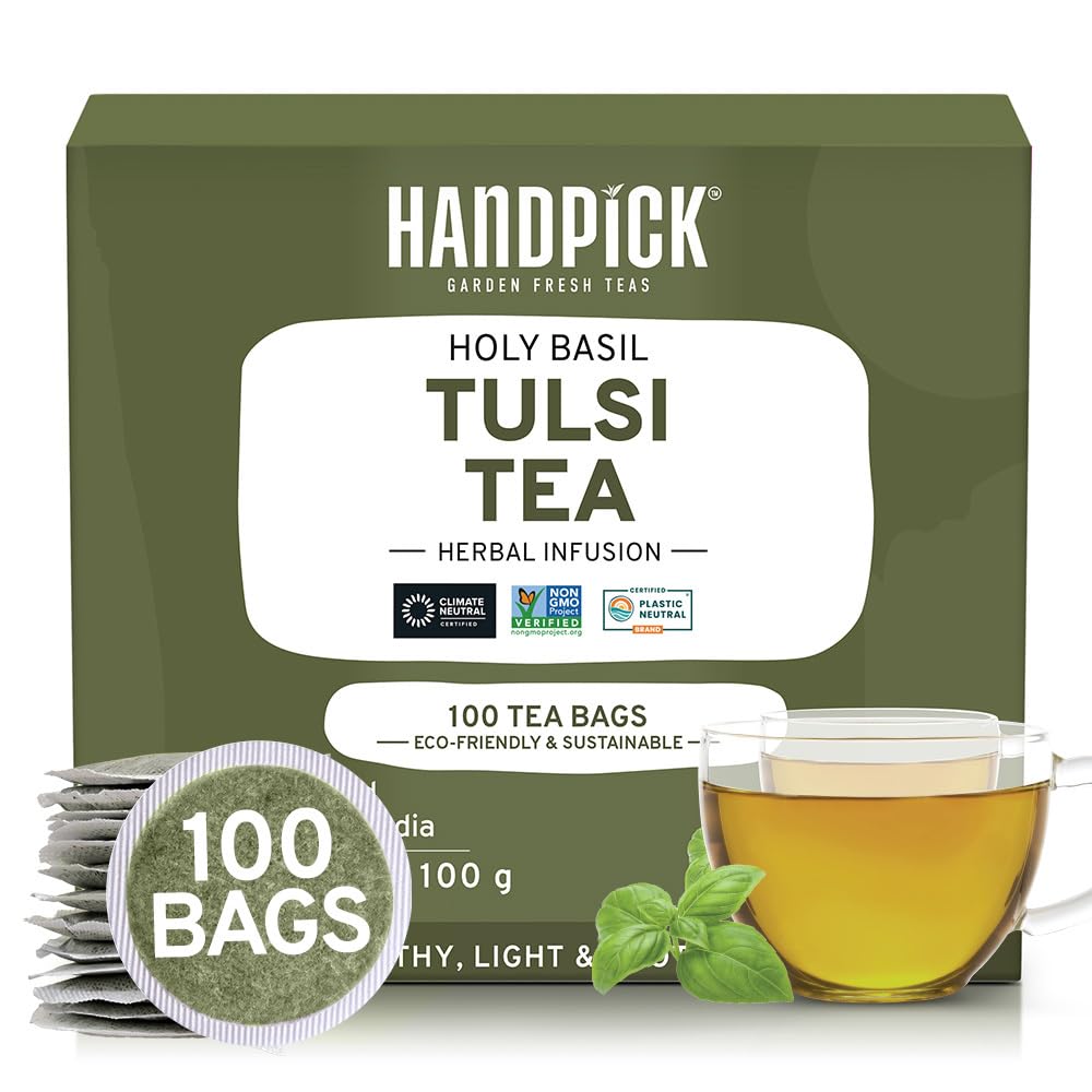 HANDPICK Holy Basil Tea Bags - Caffeine Free, Non-GMO, 100 Count, Eco-conscious Round Bags