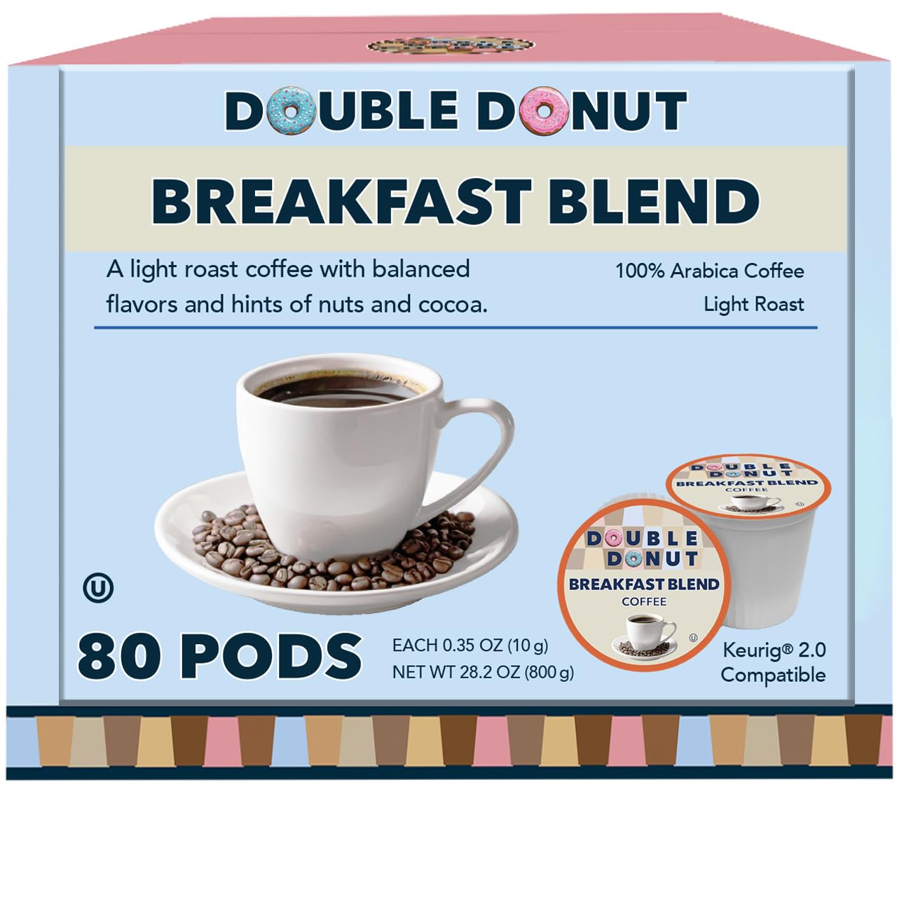 Double Donut Coffee Breakfast Blend Coffee Pods, Light Roast, 80 Count, Recyclable, Compatible with Keurig K Cups, Original Version