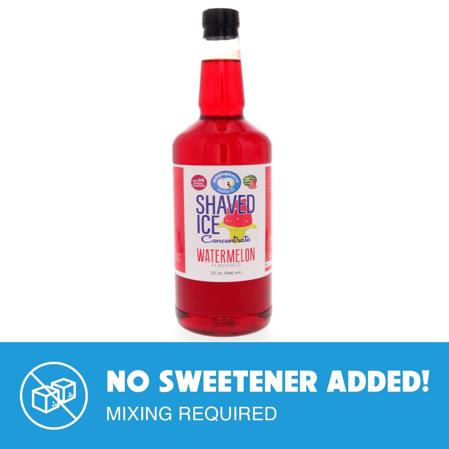 Hypothermias Shaved Ice Syrup Concentrate, Watermelon Flavor, 32 Fl Oz, Makes 8 Gallons, Unsweetened, Add Sweetener and Water