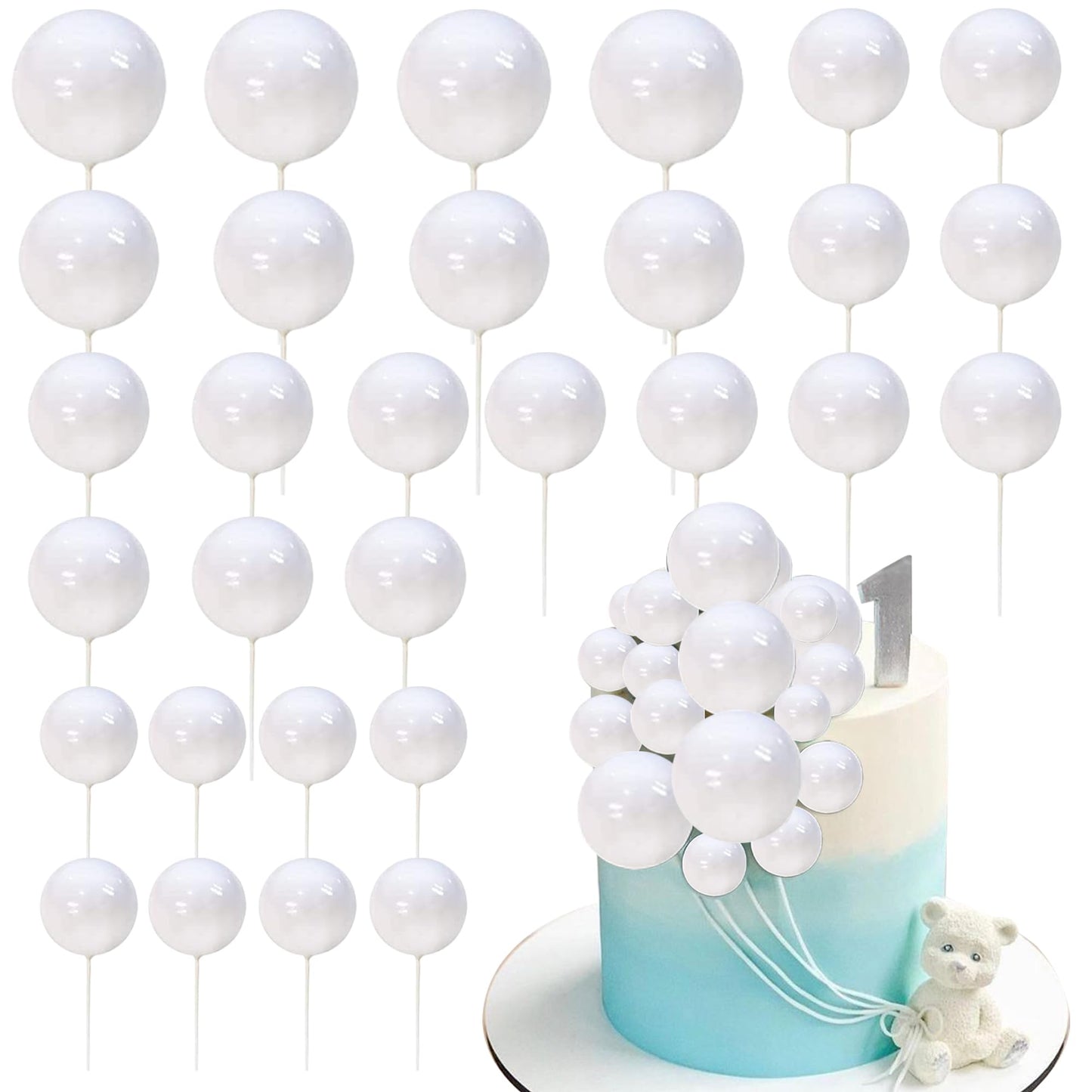 ZHUOWEISM 24 PCS Foam Ball Cake Toppers - White Cupcake Decorations for Baby Shower, Wedding, Engagement, Birthday Party Supplies