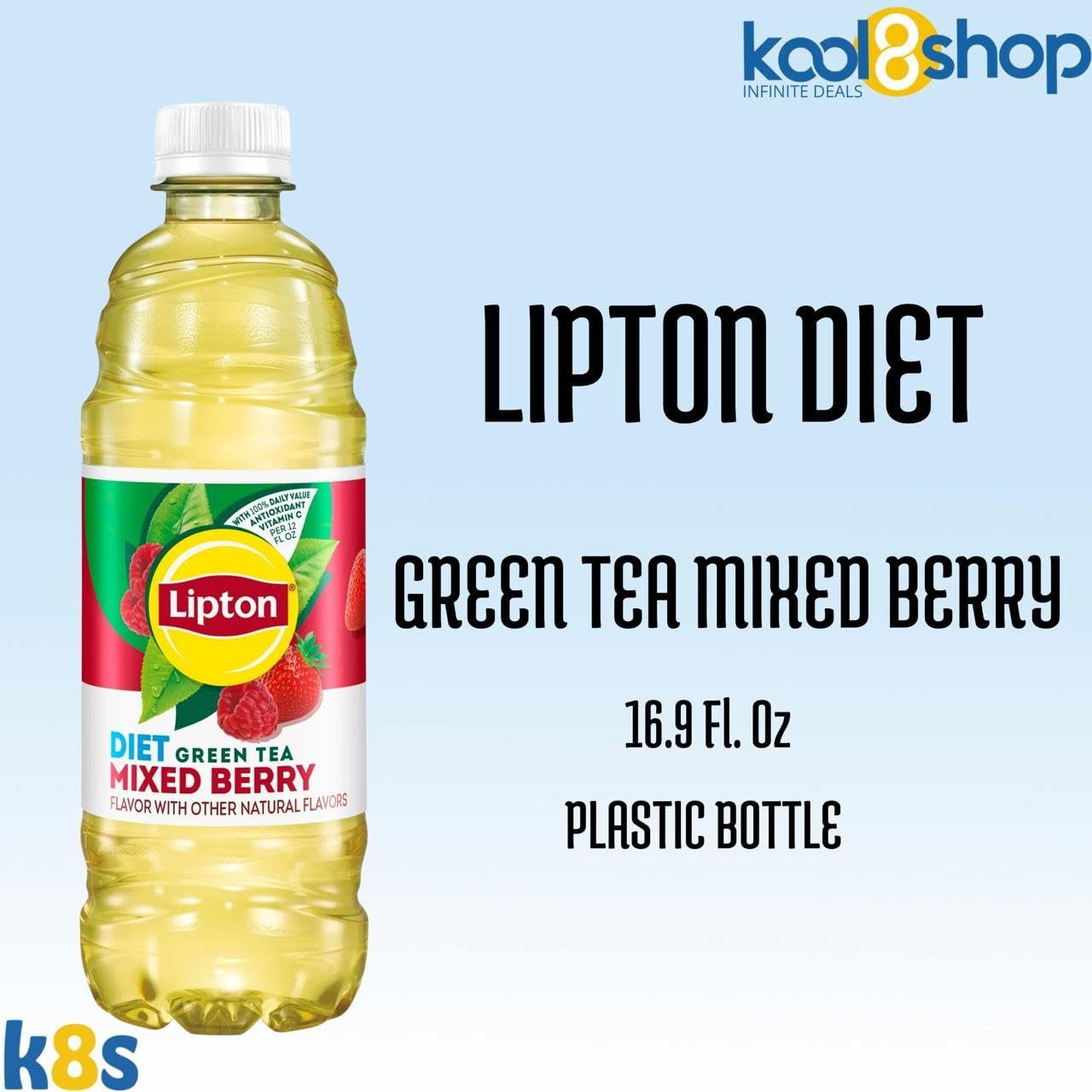 Lipton Diet Mixed Berry Green Tea 16.9 Fl Oz Plastic Bottle 12 Pack + 15 Sugarcane Disposable Straws By Kool8Shop Infinite Deals