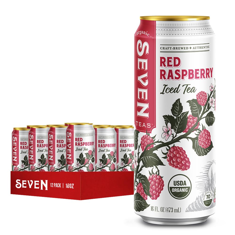 Seven Teas Red Raspberry Iced Tea, Lightly Sweetened, Pack of 12 Cans, 16 OZ