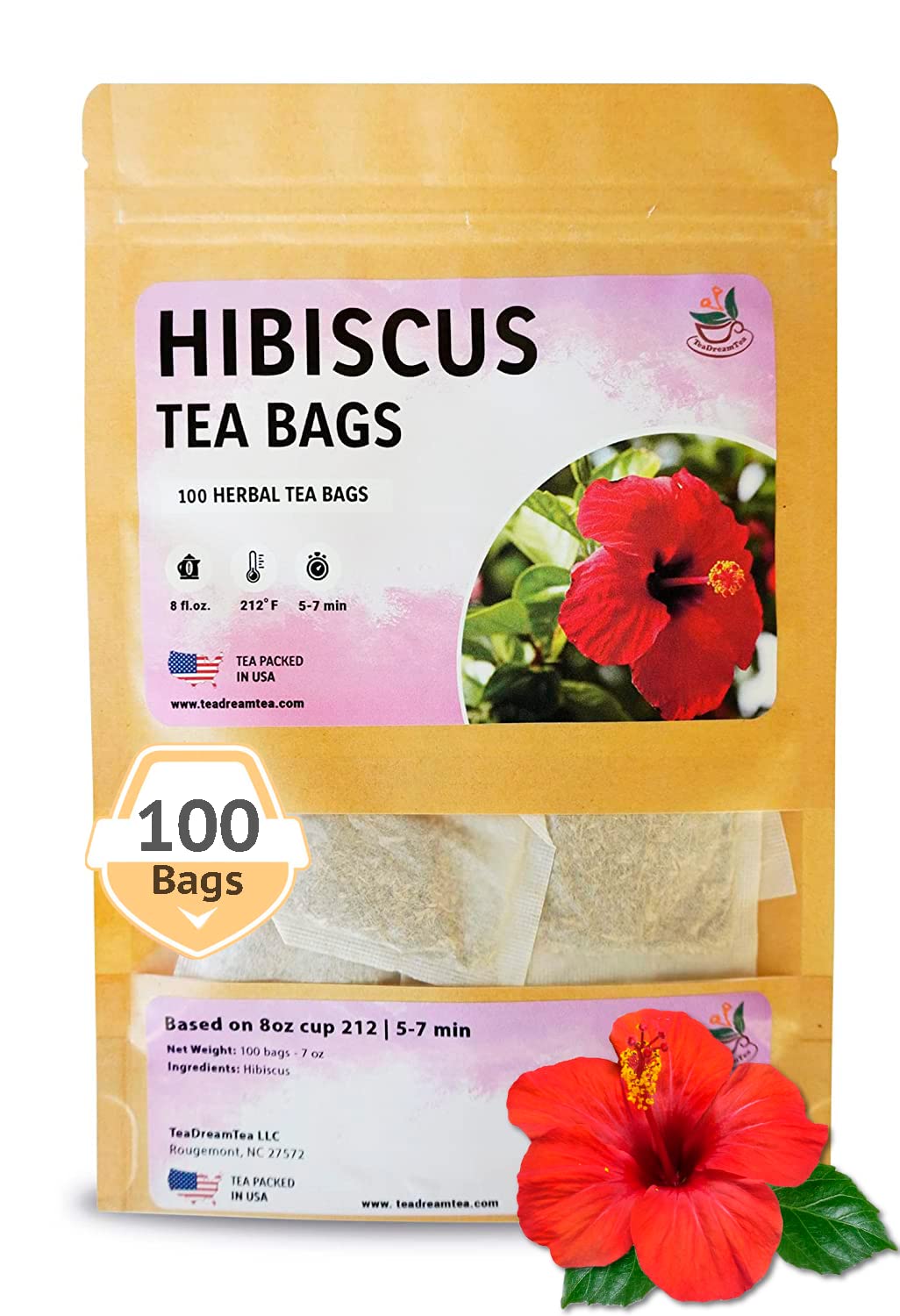 TeaDreamTea Hibiscus Tea Bags - 100 Bleach-Free Herbal Tea Bags, Caffeine Free, Brew Hot or Iced