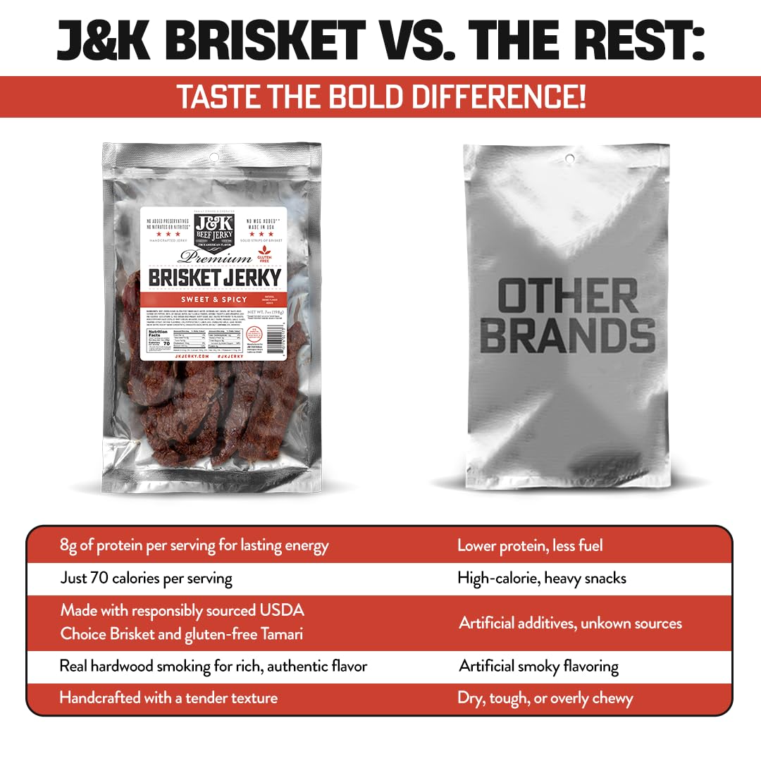 J&K Jerky Sweet & Spicy Brisket, Small Batch Handcrafted Beef Jerky 7 Oz