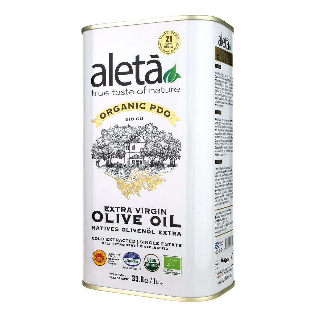Aleta, USDA Organic Greek Extra Virgin Olive Oil, EU Certified Single Estate PDO Greece, 1 Lt (33.8 oz.) Tin, Kosher EK, Pack of