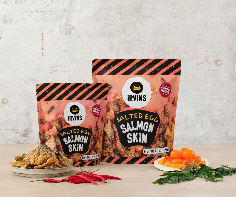 Irvins Salted Egg Salmon Skin Chips Crisps | Premium Hand Cooked | Halal | High Protein | Keto-Friendly | 3.7 Oz (Pack Of 6)