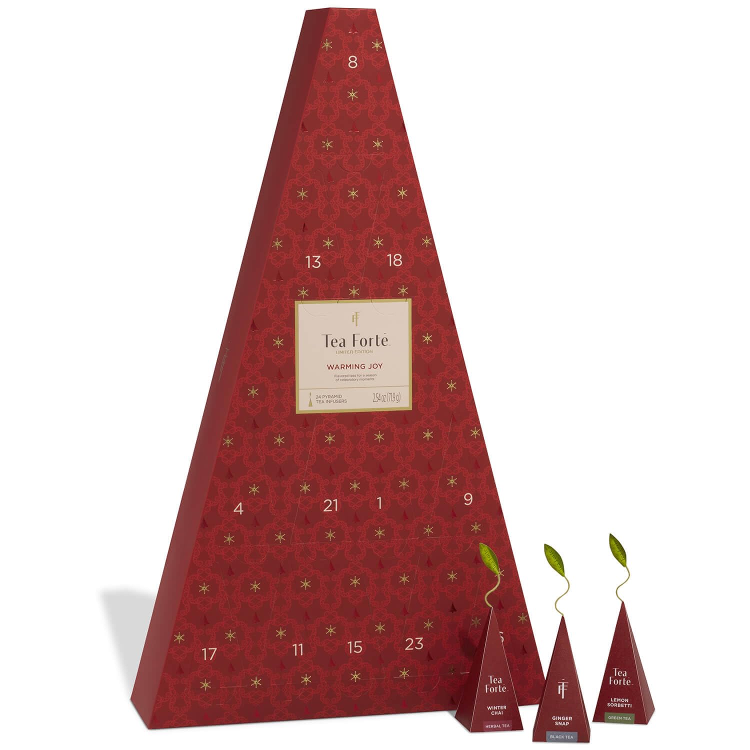 Tea Forte Tea Advent Calendar Gift Set; 24 Individually Wrapped Handcrafted Assorted Pyramid Infuser Tea Bags With Numbered Doors, Warming Joy