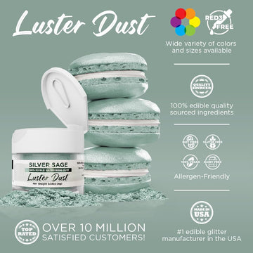 Luster Dust - Silver Sage (4G 1X Jar) | Edible Vegan Dust & Paint For Cake Decorating, Ice Cream, Desserts, Cocktails And Bevera