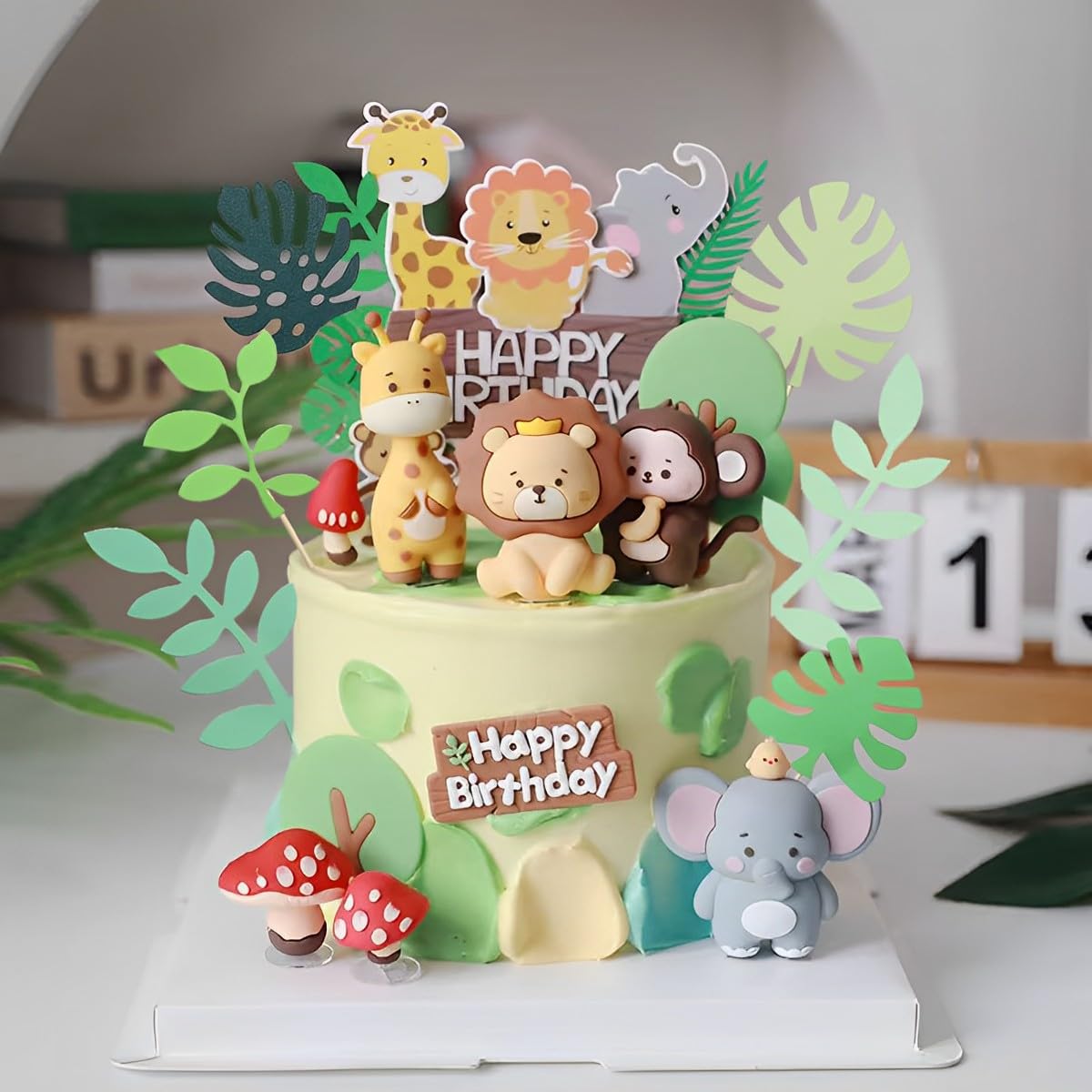 LXASIY Jungle Safari Animal Cake Toppers - 10 Pcs, Paper, Elephant Giraffe Lion Monkey, Glittery Tropical Leaves, Safari Theme