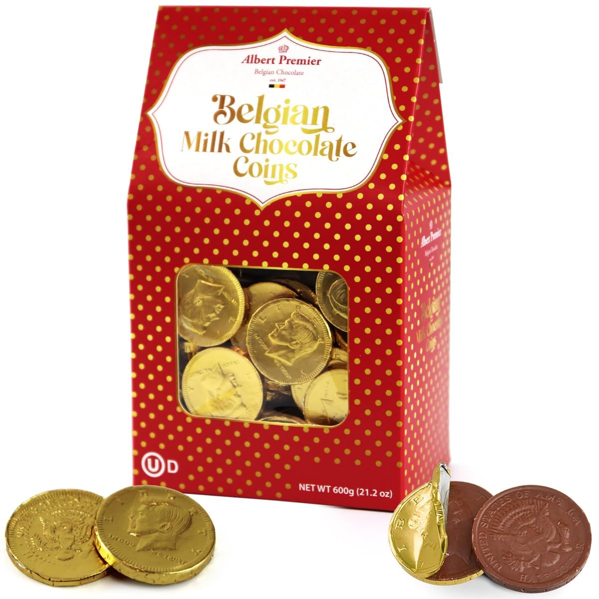 Albert Premier Belgian Chocolate Gold Coins Bulk - 1.3 Pound Approx 115 Individually Wrapped Coins Box For St. Patrick Party Favors, Pots Of Gold & Treats