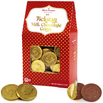 Albert Premier Belgian Chocolate Gold Coins Bulk - 1.3 Pound Approx 115 Individually Wrapped Coins Box For St. Patrick Party Favors, Pots Of Gold & Treats