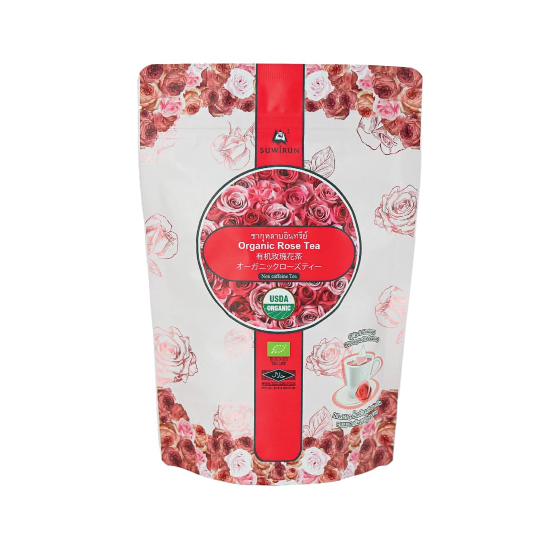Suwirun Organic Rose Tea 25 Bags - 100% Pure Rose Petals - Delicate Floral Aroma  Naturally Energy Blend-Free - Relaxing Herbal Tea  Enjoy Hot Or Cold