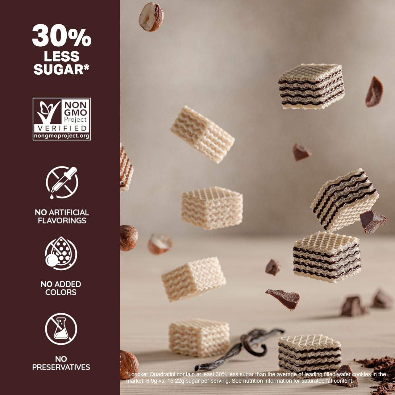 Loacker Quadratini Cocoa & Milk Wafer Cookies - 30% Less Sugar - Resealable Family Pack - 250g/8.82oz - Pack of 6
