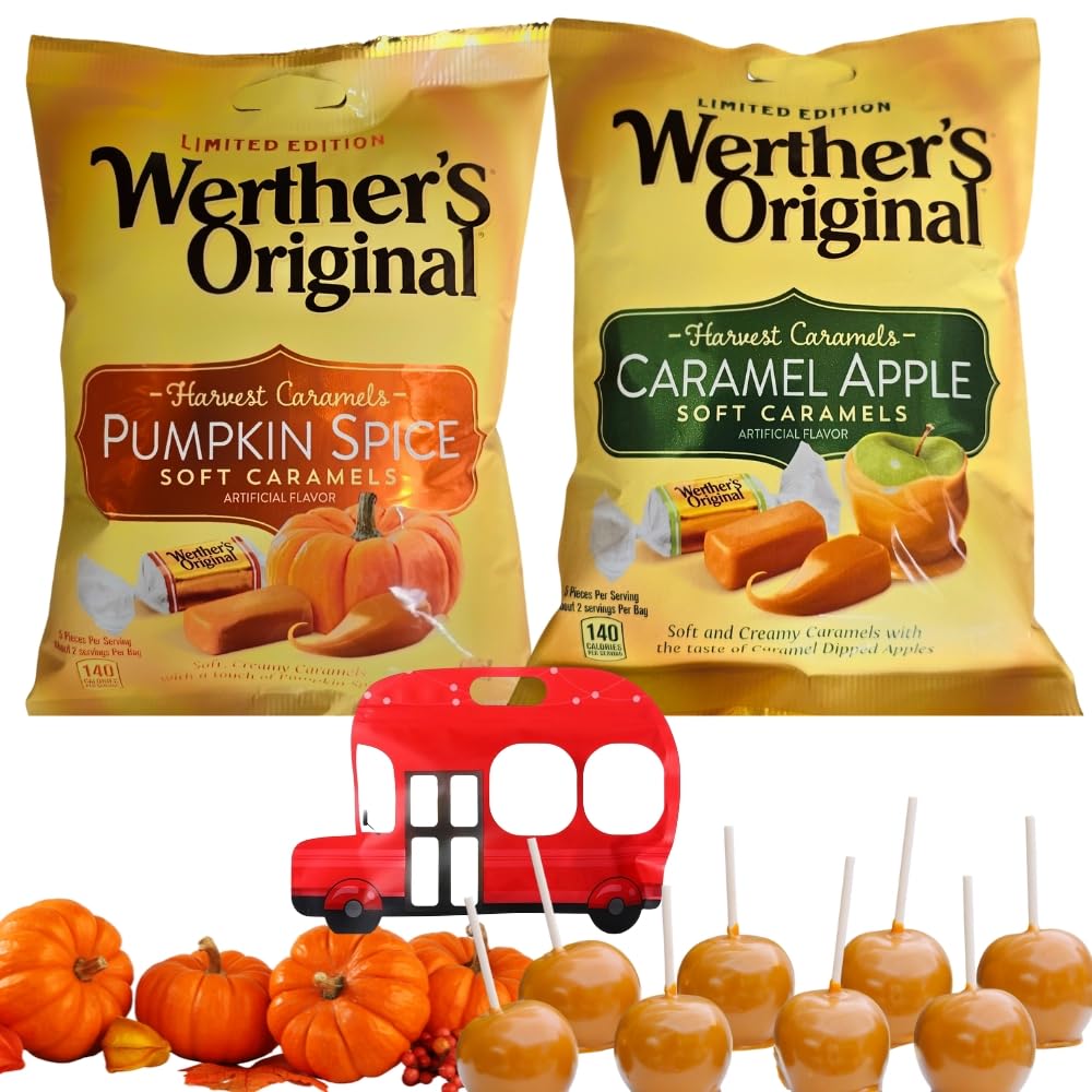 Werthers Original Caramel Apple & Pumpkin Spice Harvest Caramels - Pack of 2 Soft Candies - 25.2 cm Resealable Zip Bag