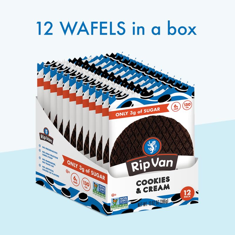 Rip Van Wafels Cookies & Cream Stroopwafels - Healthy Snacks - Non Gmo Snack - Keto Friendly - Office Snacks - Low Sugar (3G) - Low Calorie Snack - 12 Pack