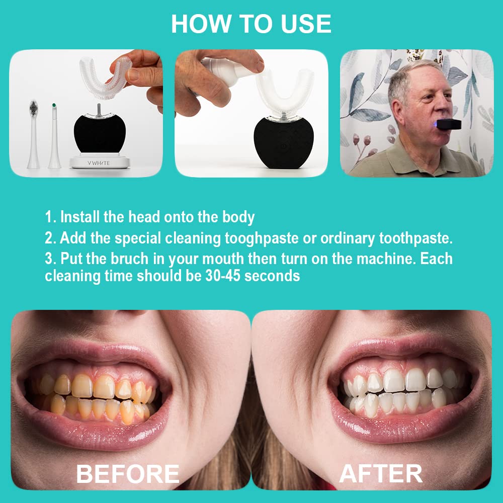 V-White Electric Toothbrush Adults - Ultrasonic U-Shaped Toothbrushes For Teeth Whitening - 360