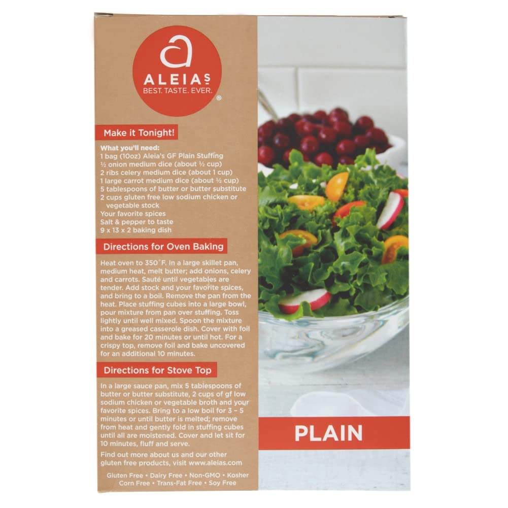 Aleia'S Best. Taste. Ever. Plain Stuffing Mix - 10Oz / 2 Pack – Authentic Taste, Classic Stuffing For Gluten Free Recipes, Certified Gluten Free, Non-Gmo, Corn Free, Soy Free, Dairy Free, Low Sodium