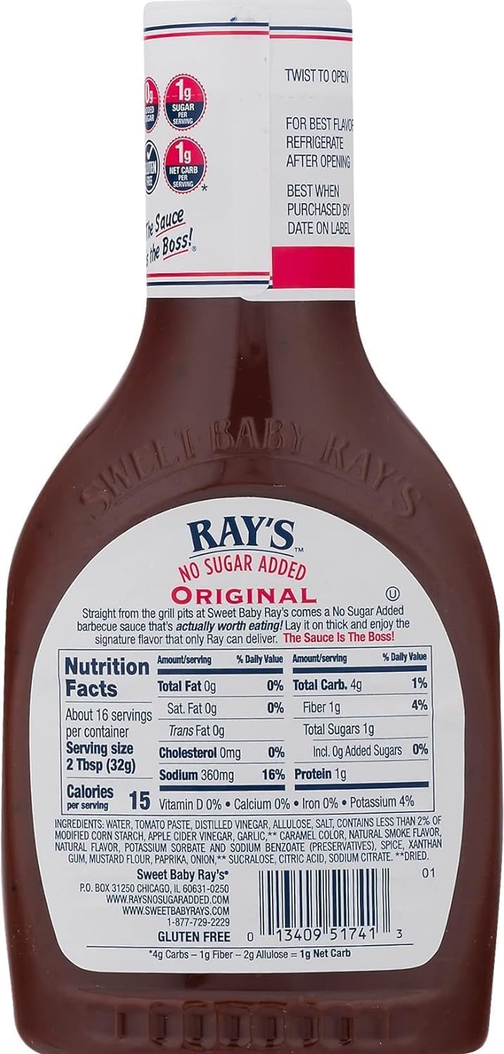Sweet Baby Rays No Sugar Added Bbq Sauce - Original Flavor, 18.5 Oz. (Pack Of 3) - Delicious And Sweet Without The Added Sugar F