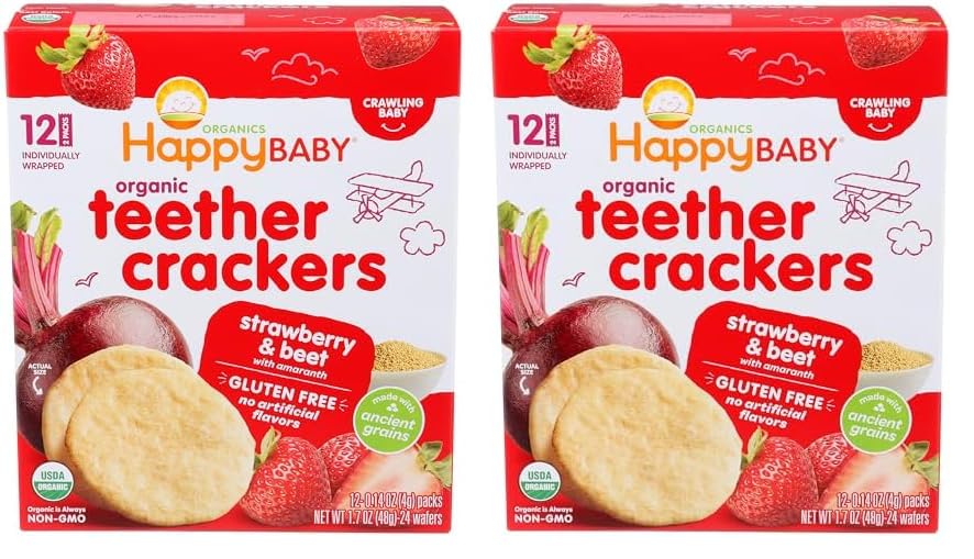 Happy Baby Organic Strawberry & Beet Teether Crackers 12 Count, 1.7 Oz (Pack Of 2)