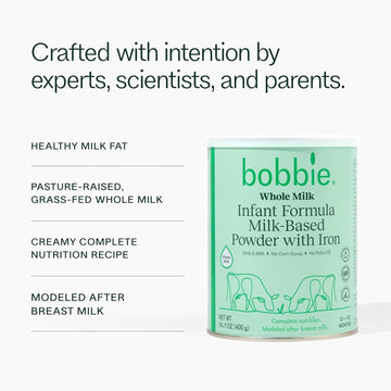 Bobbie Whole Milk, Grass Fed Infant Formula, Milk-Based Powder With Iron, Plant Based Dha & Ara, Vitamin D And Protein Blend Mod