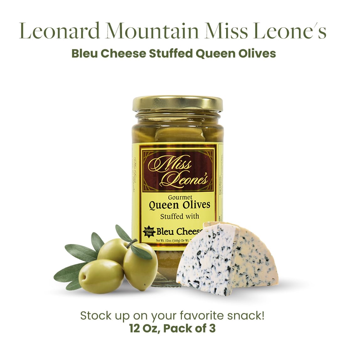 Miss Leone'S Stuffed Queen Olives, Bleu Cheese, 12-Ounce Jars (Pack Of 3)