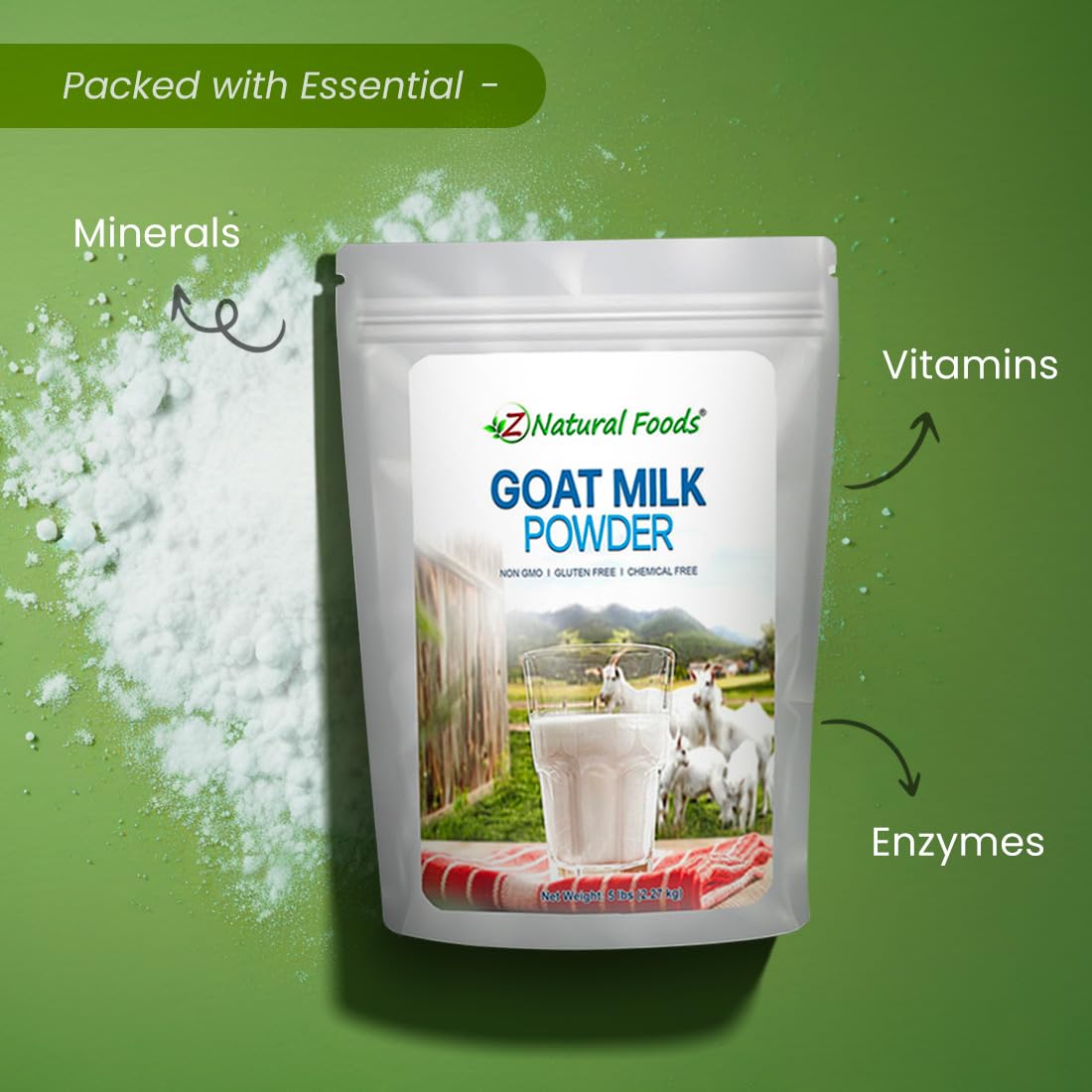 Z Natural Foods Goat Milk Powder - Full Cream, 80 oz, Easy Digestion, Ideal for Smoothies, Cooking, Baking, Model 1023705, White