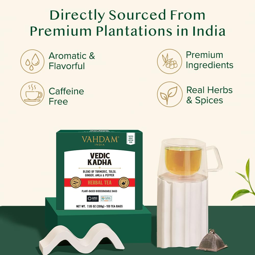 VAHDAM Vedic Kadha Herbal Tea - 100 Tea Bags with Turmeric, Black Pepper, Amla, Tulsi & Ginger - 100 Count