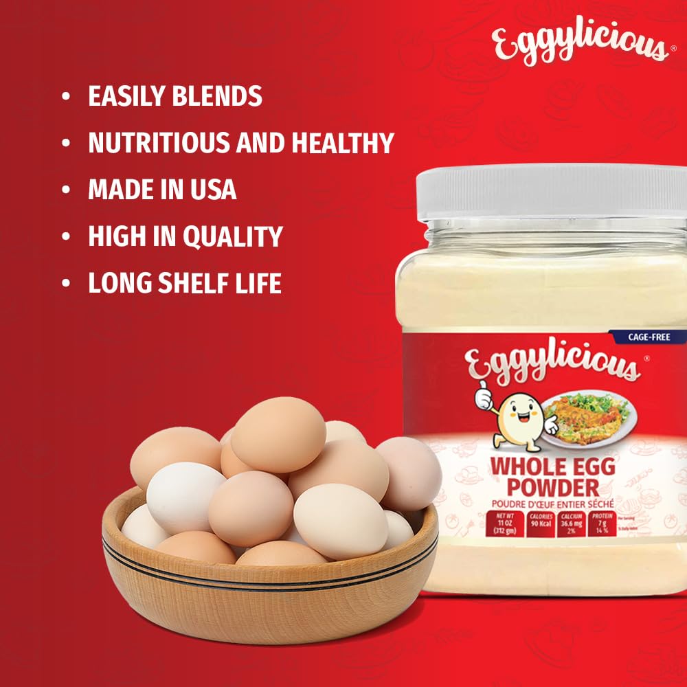 Eggylicious Cage-Free Whole Egg Powder, 11 oz | Made in USA, Non-Bioengineered, Perfect for Scrambled Eggs, Cakes, Pasta, Custard