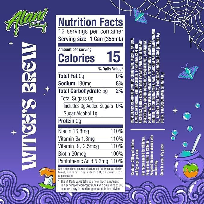 Alani Witchs Brew Energy Drink, Sugar Free, Low Calorie Energy Drinks, 12 Fl Oz Cans, 12 Pack