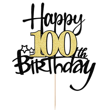 Kaoenla Black Gold Glitter Happy 100Th Birthday Cake Topper - Hello 100/Cheers100,Happy Fourteen Birthday Anniversary,100 Years