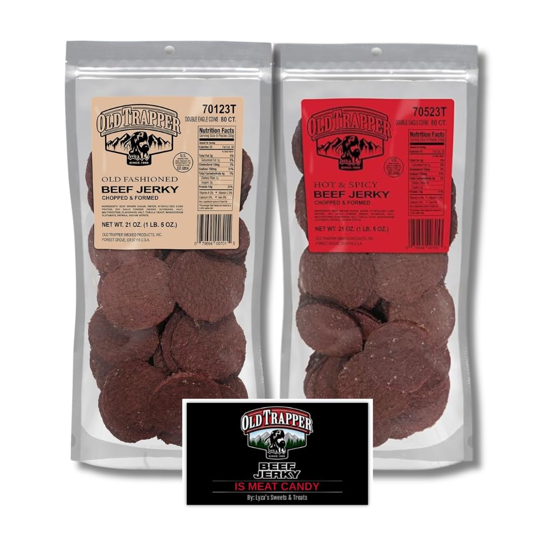 LYZAS SWEETS & TREATS Old Trapper Double Eagle Beef Jerky Gift Set - 10.5 oz (Pack of 2) with Bonus Magnet - Old Fashioned & Spicy