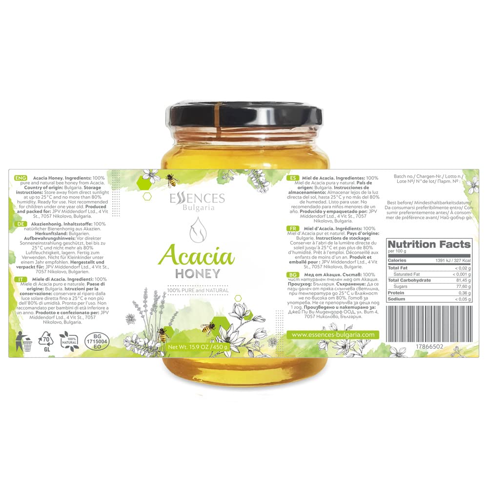 Essences Bulgaria Raw Acacia Honey 15.9 Oz | 450Gr | Amazing Taste | 100% Pure And Natural | Without Additives | Raw Bee Honey |