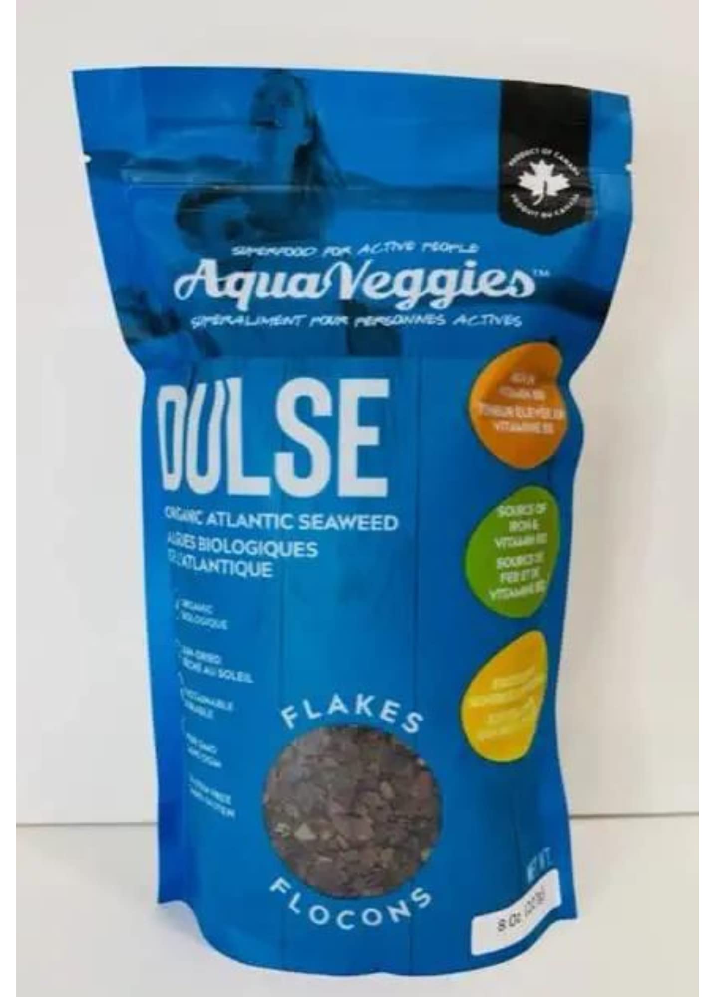 Aqua Veggies Organic Atlantic Dulse Flakes 227g 1/2lbs, Hand-Harvested, Sun-Dried Bay of Fundy, Excellent Source of Vitamins B6,