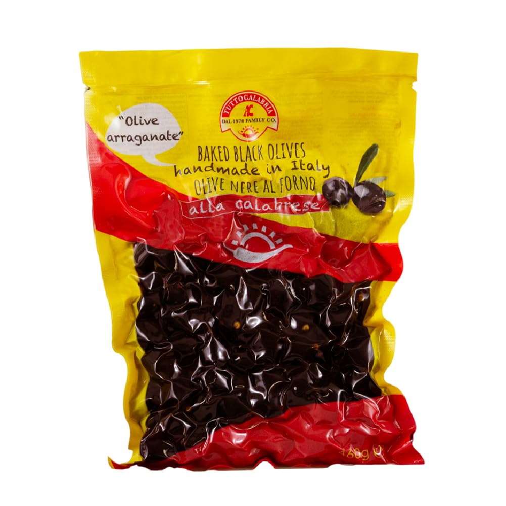 TUTTOCALABRIA Baked Oven Roasted Black Olives with Pits, Semi Dried Black Olives, 460 gm (16.22 oz), Olives al Forno, Handmade i