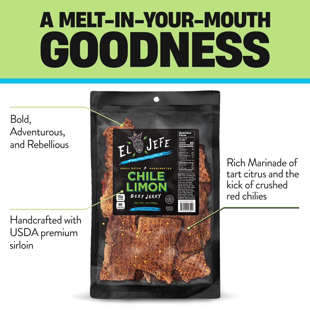 El Jefe Beef Jerky Chile Limon 7Oz - Authentic Mexican Style Hispanic Slab Jerky Hand-Crafted In Small Batches For Bold And Zest
