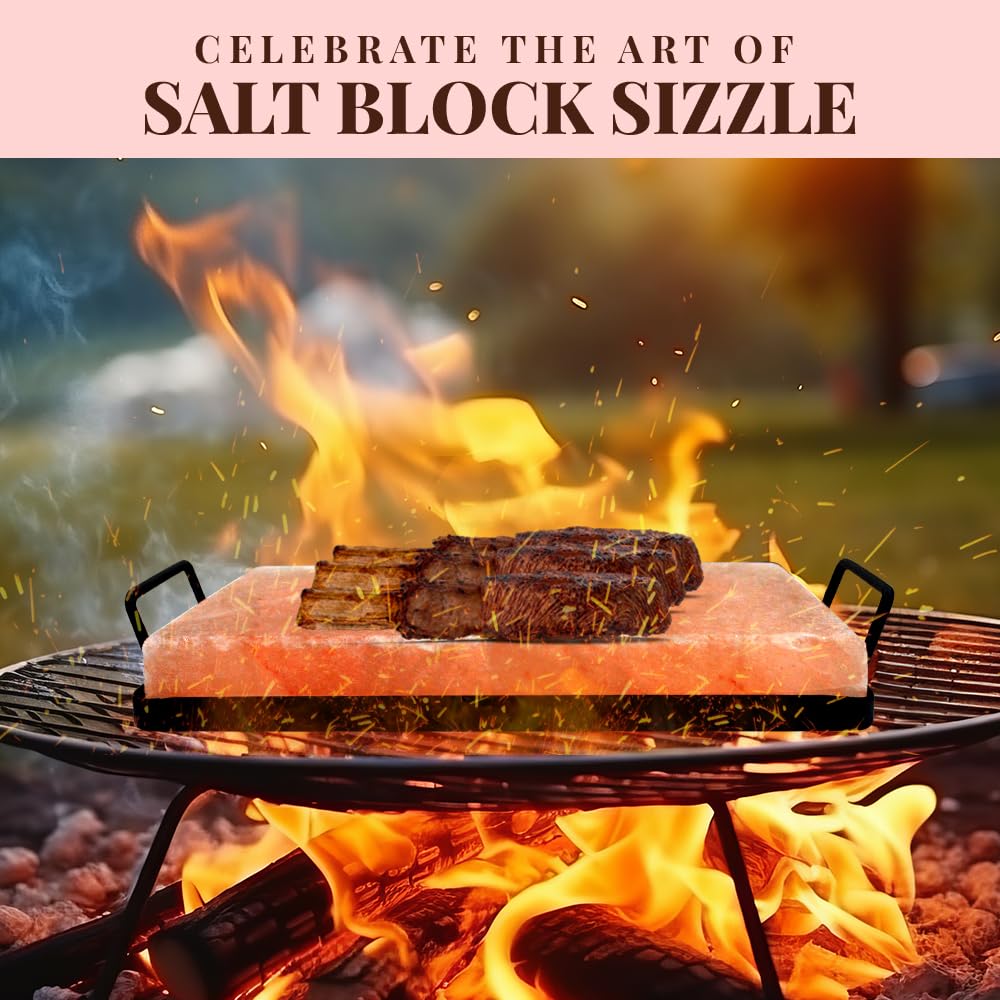 POHS Himalayan Salt Block for Grilling and Cooking - 12x8x1.5 Inches with Metal Holder, 69.33 Ounce (Pack of 3)