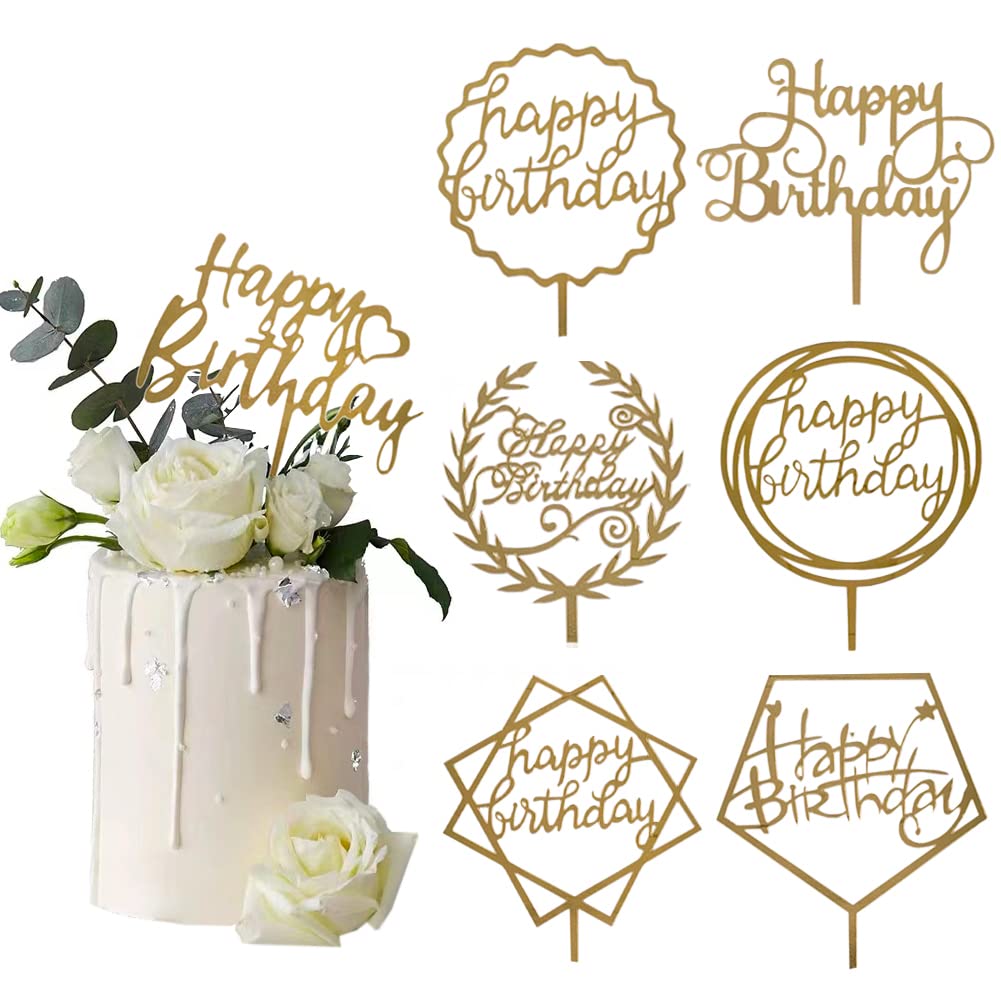 Gold Cake Topper,Happy Birthday Cake Topper Acrylic Cake Topper Cupcake Toppers Cake Decoration Supplies (7 Pieces)